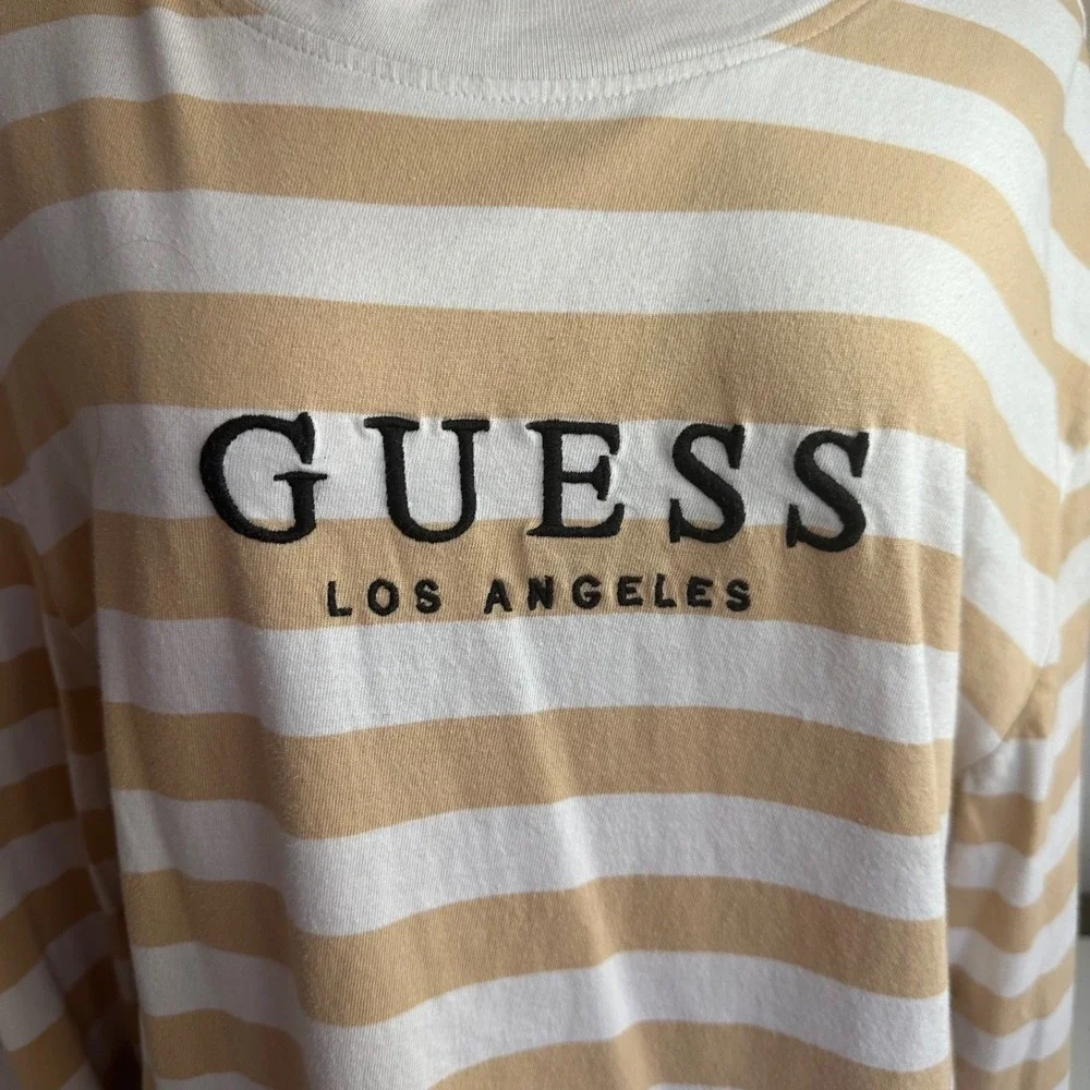 Guess Long Sleeve T-Shirt Mens Large Tan White‎ Striped Embroidered Logo
